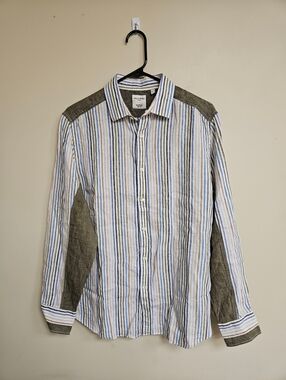 Baird McNutt Murano Slim Fit Linen Blue Striped Button Down Shirt Size Large